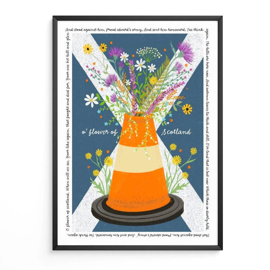 Flower of Scotland Wall Art with Road Cone and Saltire: bright and colourful floral original Scottish artwork
