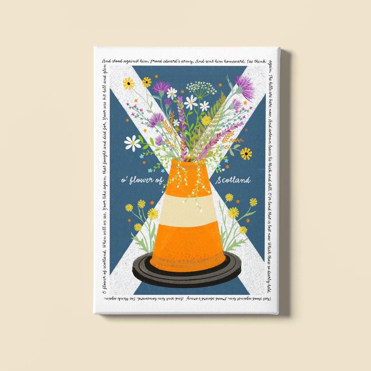 Flower of Scotland Wall Art with Road Cone and Saltire: bright and colourful floral original Scottish artwork