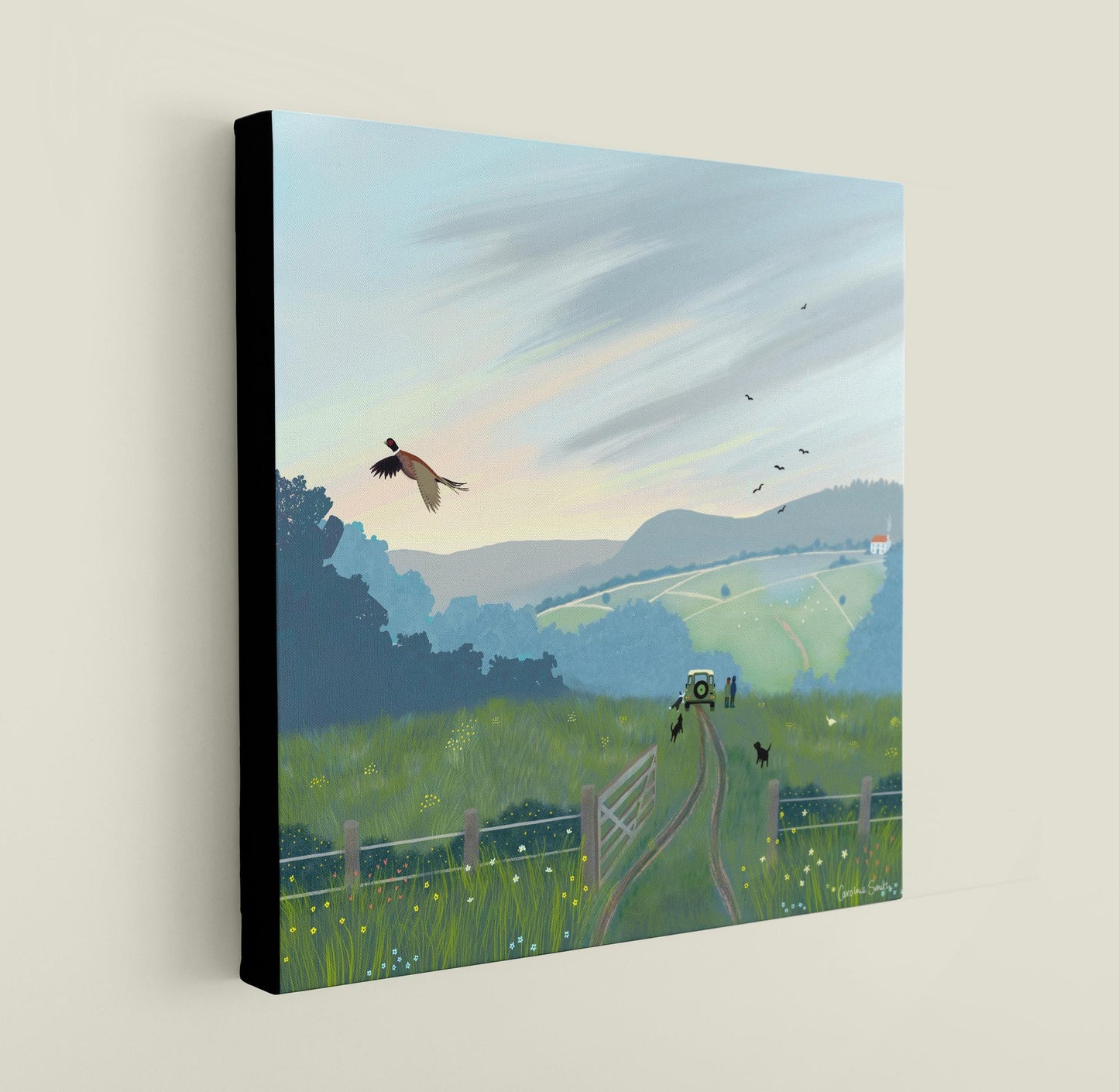 Landrover Country Art Print – Scottish Moorland Landscape with Dogs. Print only, Framed or canvas.