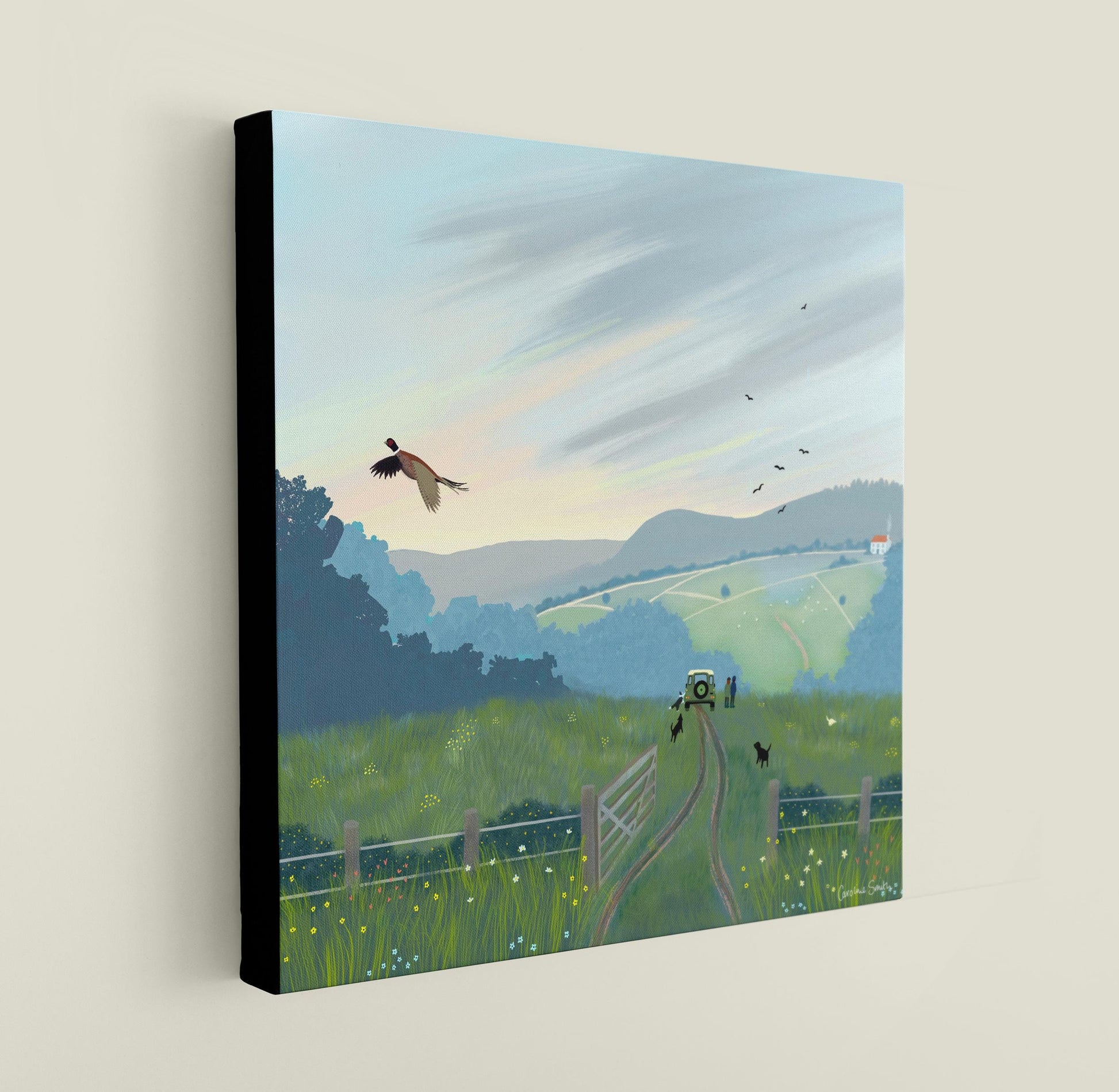 Landrover Country Art Print – Scottish Moorland Landscape with Dogs. Print only, Framed or canvas.