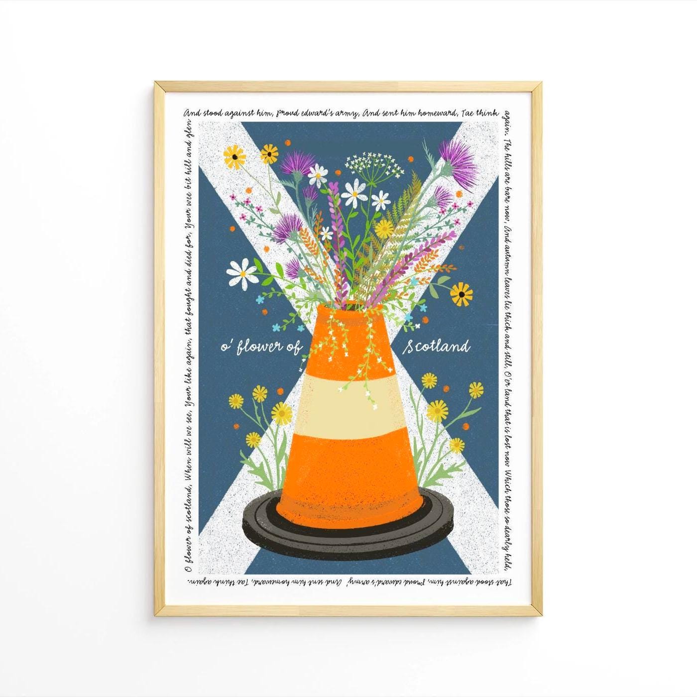 Flower of Scotland Wall Art with Road Cone and Saltire: bright and colourful floral original Scottish artwork