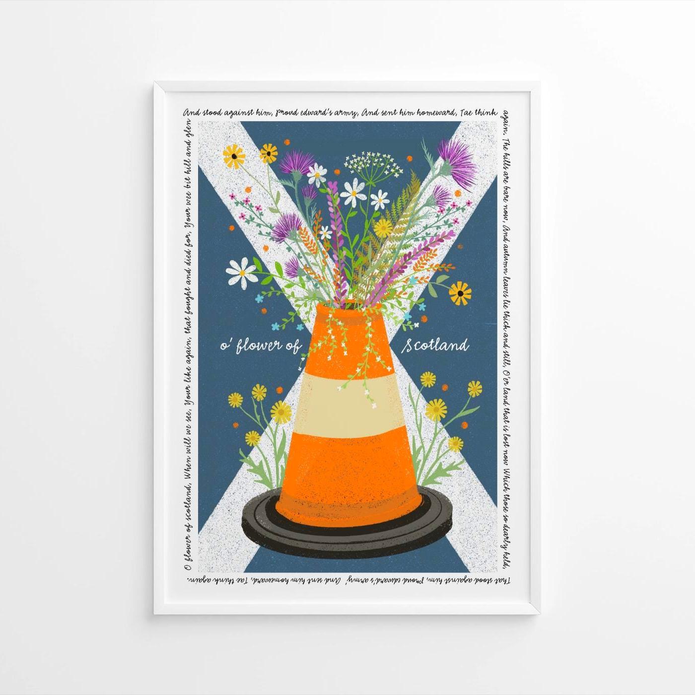 Flower of Scotland Wall Art with Road Cone and Saltire: bright and colourful floral original Scottish artwork