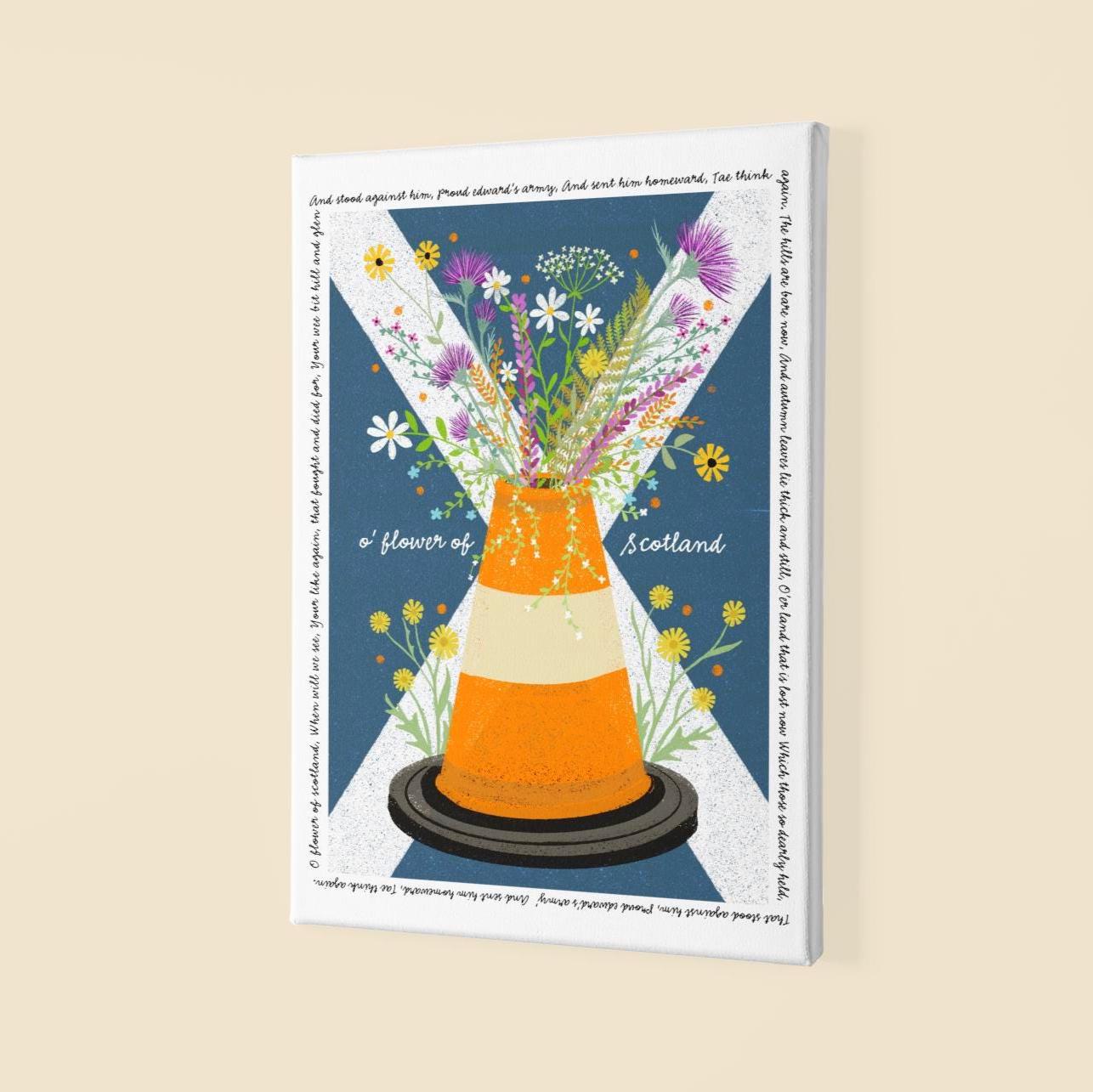 Flower of Scotland Wall Art with Road Cone and Saltire: bright and colourful floral original Scottish artwork