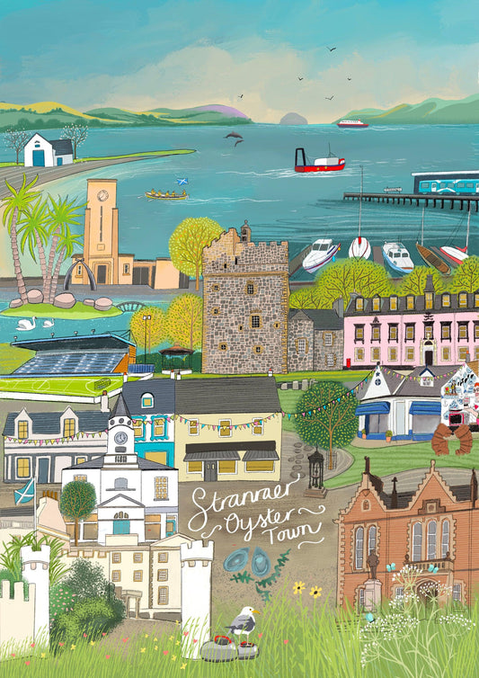 A colorful illustrated coastal town scene with buildings, boats, water, and distant hills. The words 'Stranraer Oyster Town' appear in script over the lower center.