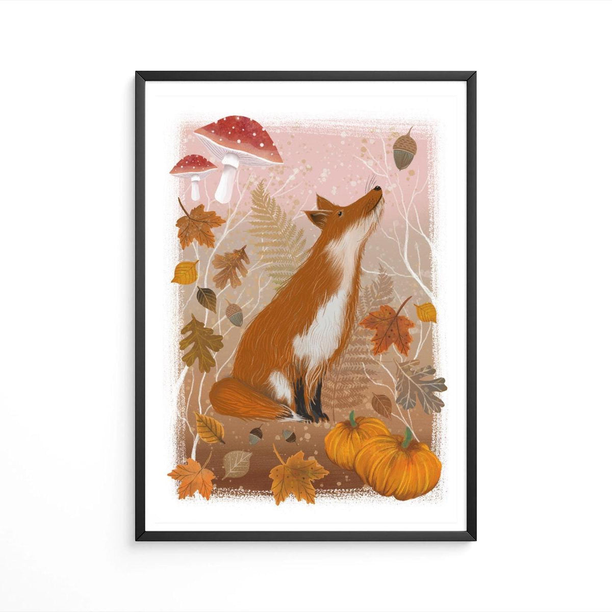 Autumn Fox Wall Art - autumn illustration with leaves, mushrooms & pumpkins.