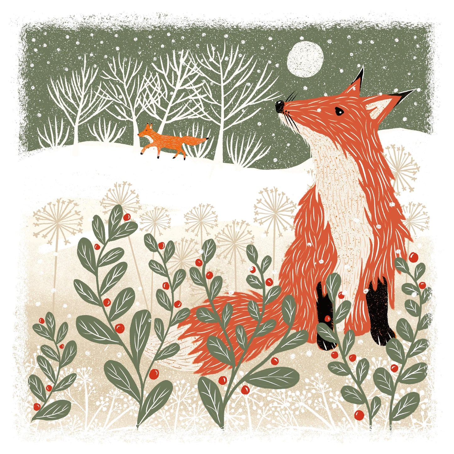 Winter Fox - Screen Print Christmas Card, Linocut Card. Can be personalised.