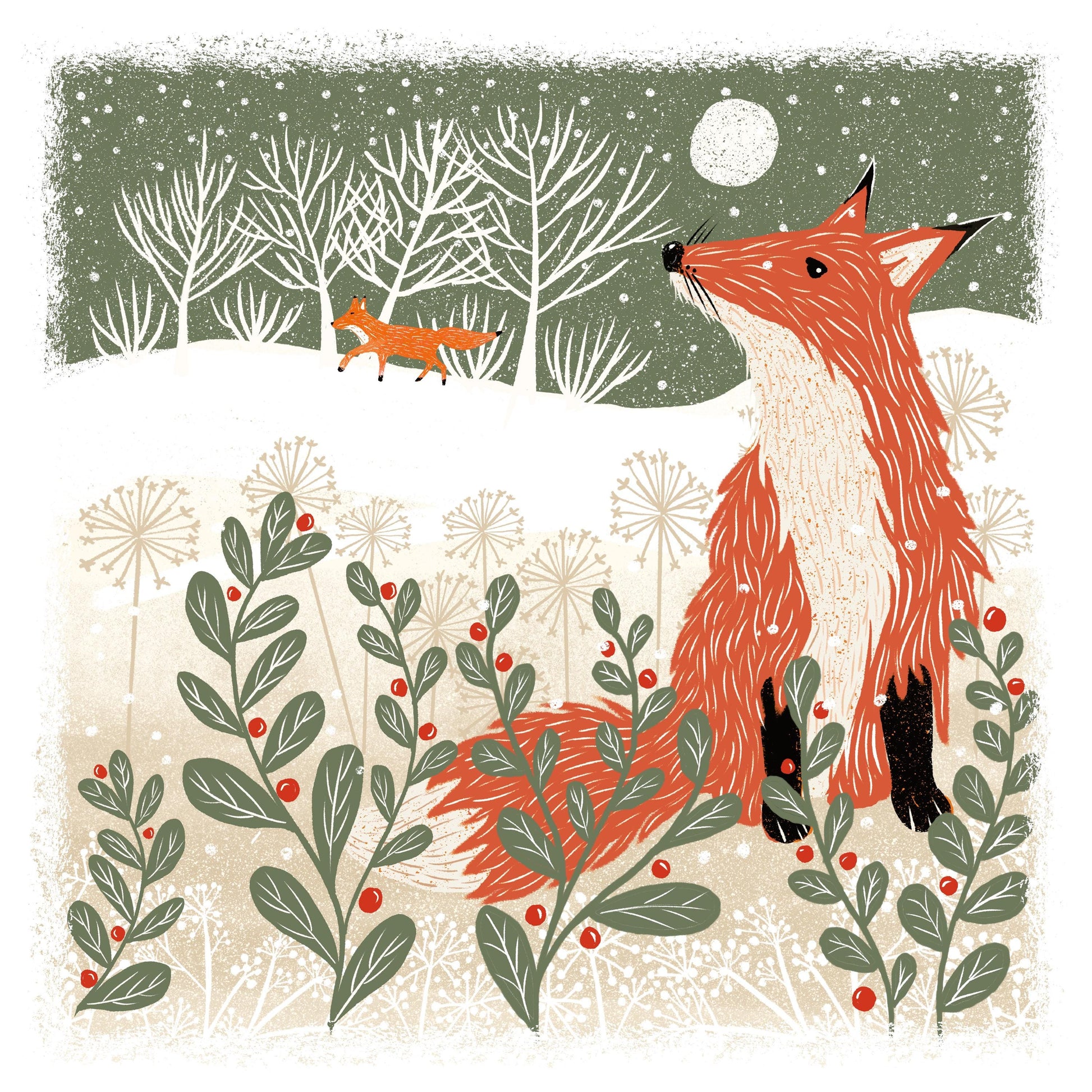 Winter Fox - Screen Print Christmas Card, Linocut Card. Can be personalised.