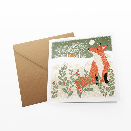 Winter Fox - Screen Print Christmas Card, Linocut Card. Can be personalised.
