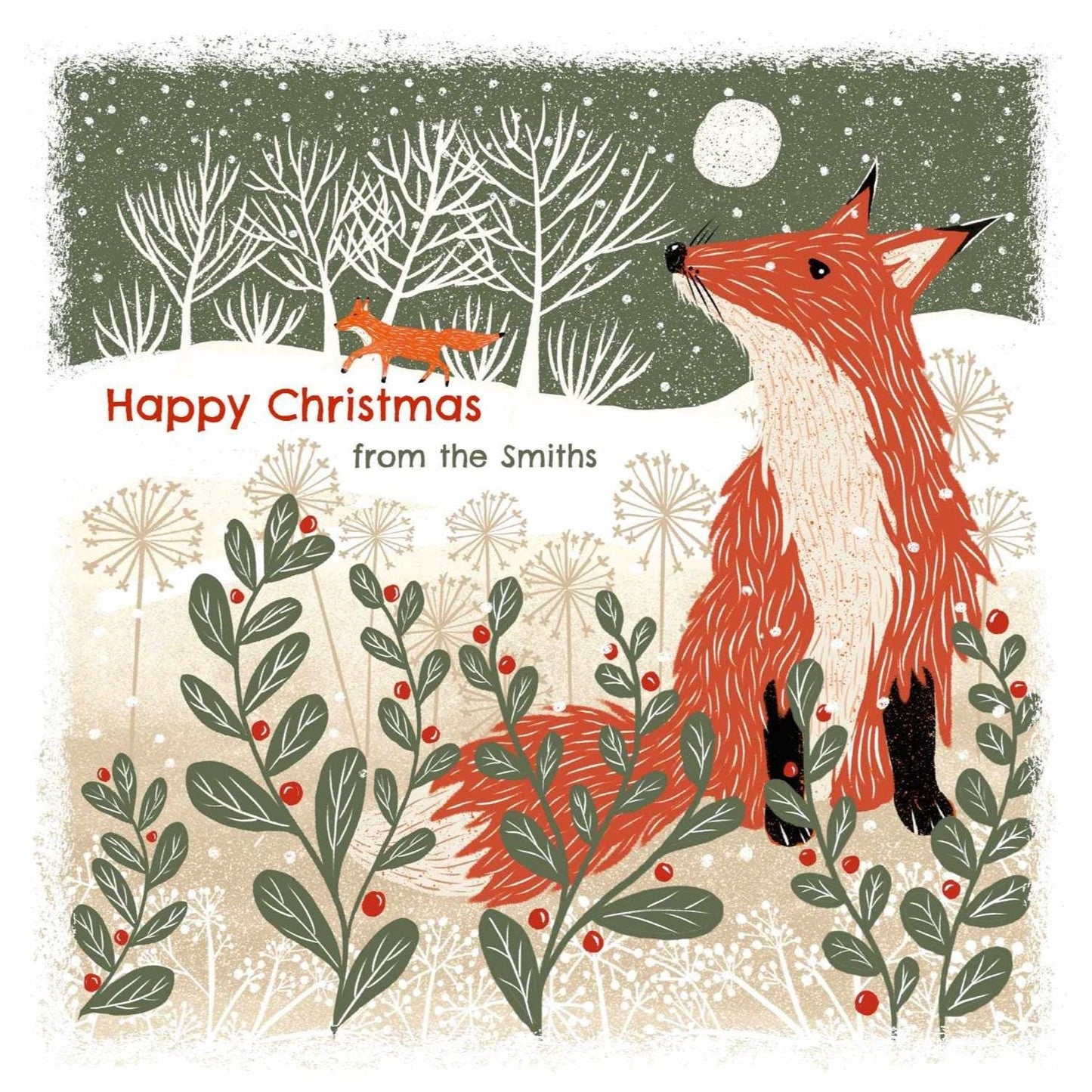 Winter Fox - Screen Print Christmas Card, Linocut Card. Can be personalised.