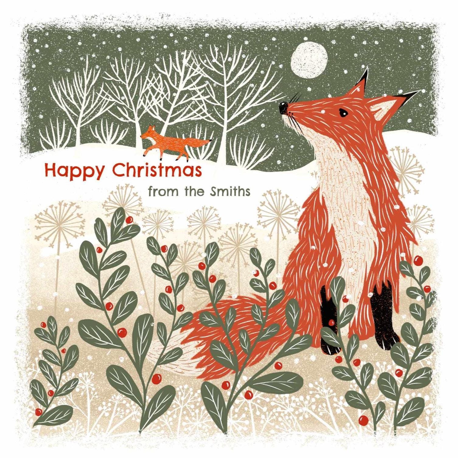 Winter Fox - Screen Print Christmas Card, Linocut Card. Can be personalised.