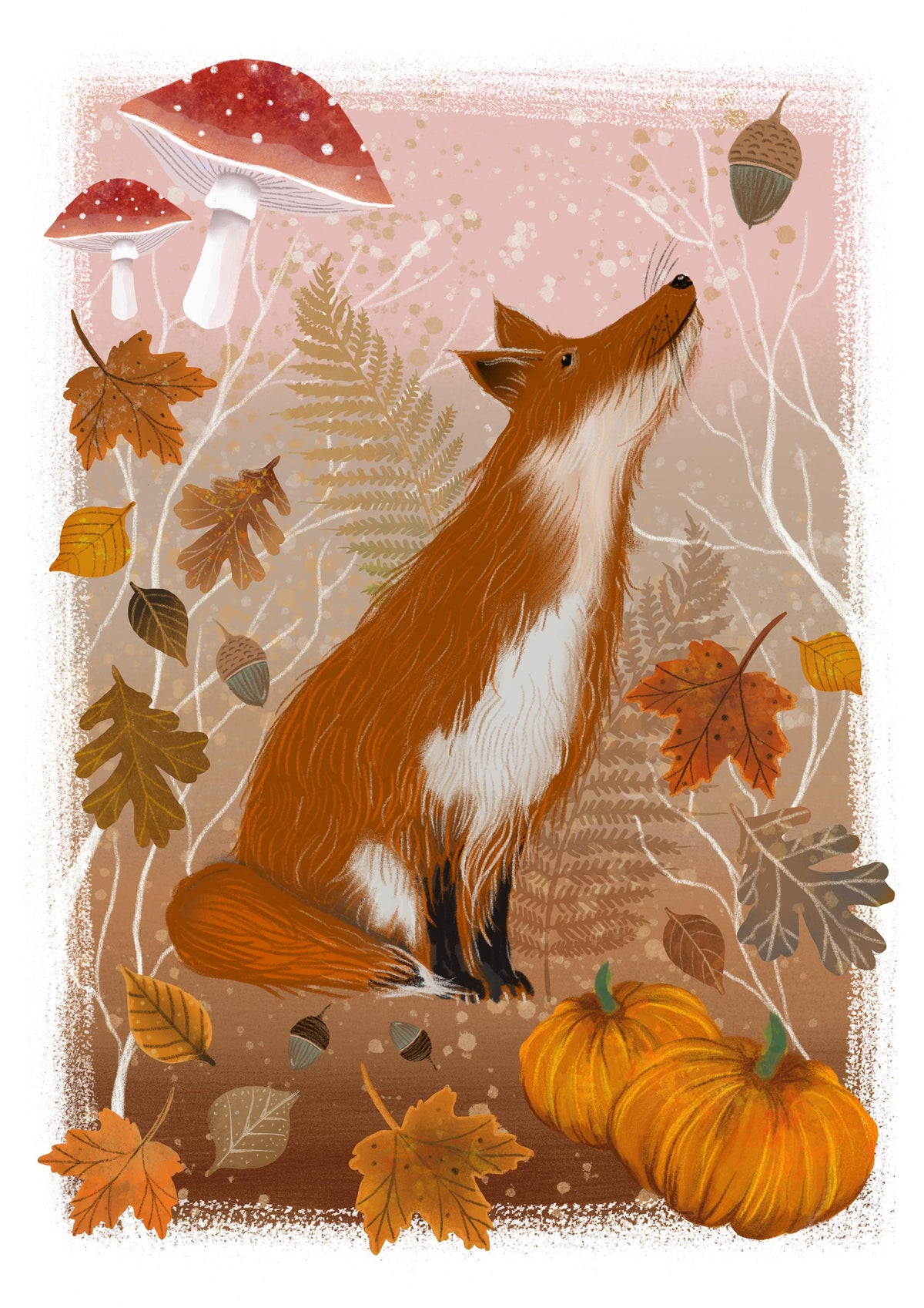 Autumn Fox Wall Art - autumn illustration with leaves, mushrooms & pumpkins.