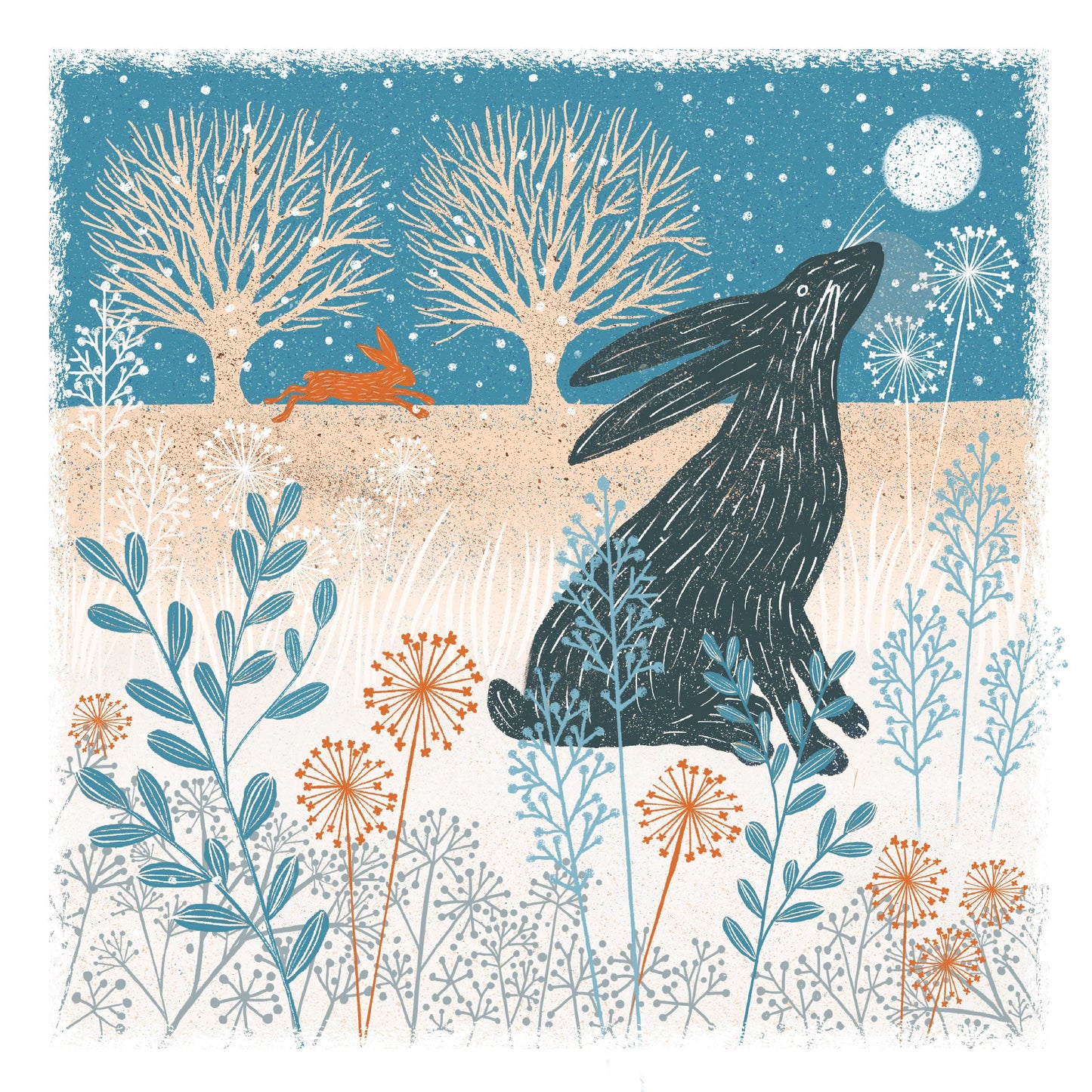 Winter Hare - Screen Print Christmas Card, Linocut Card. Can be personalised.