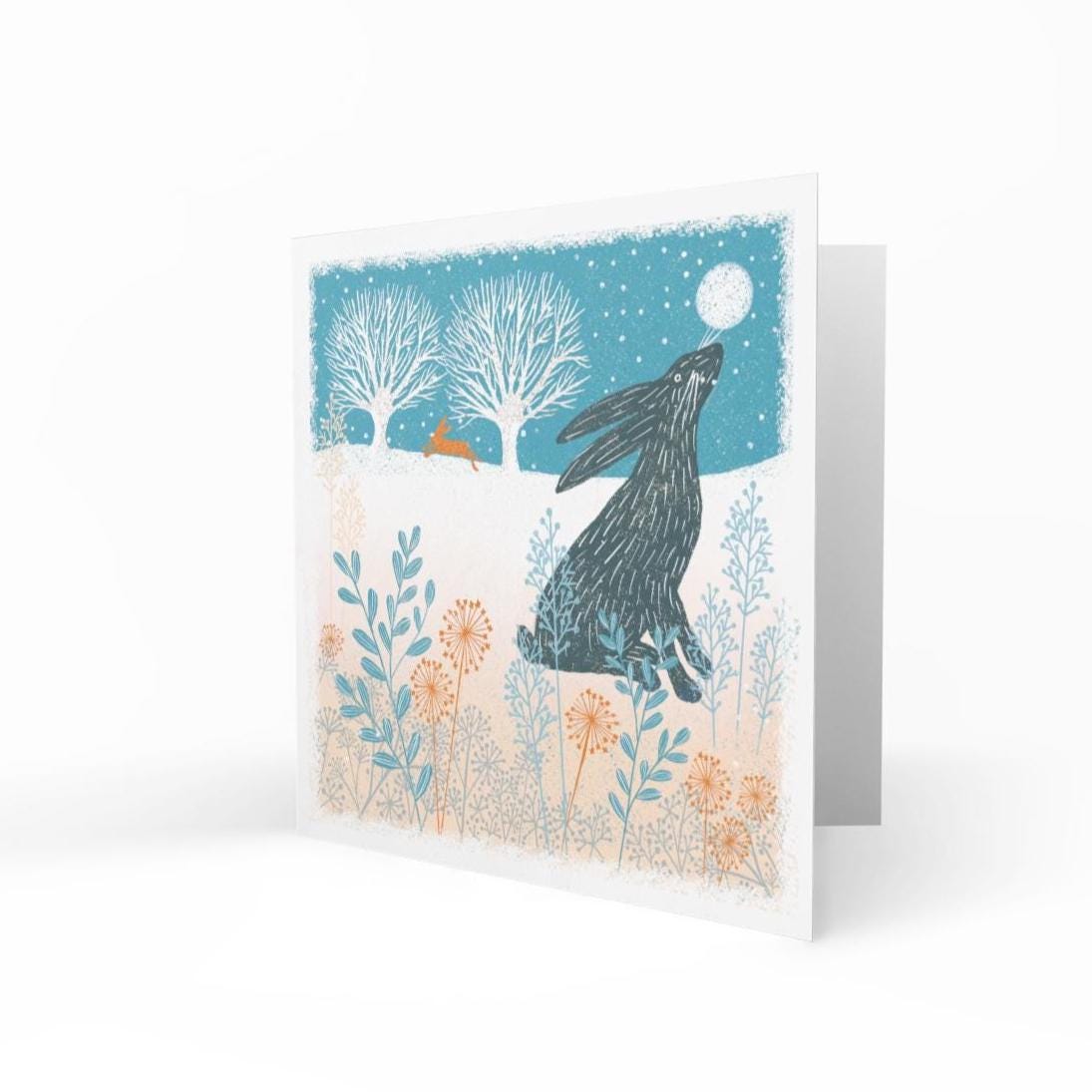 Winter Hare - Screen Print Christmas Card, Linocut Card. Can be personalised.