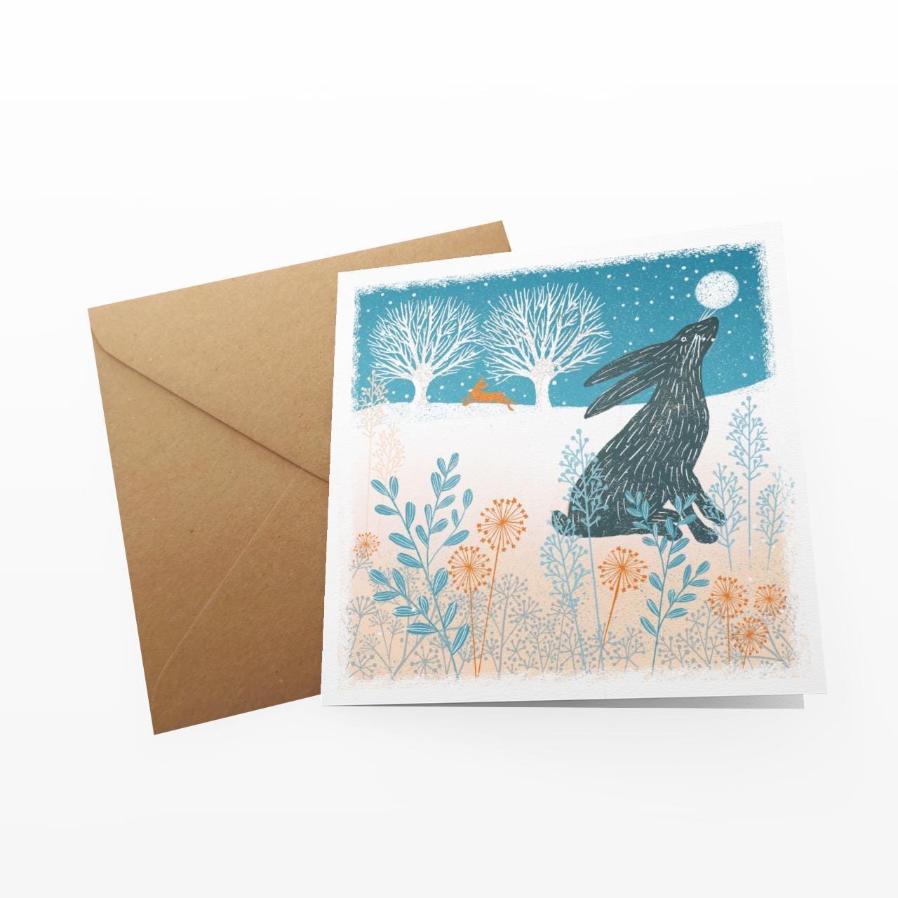 Winter Hare - Screen Print Christmas Card, Linocut Card. Can be personalised.