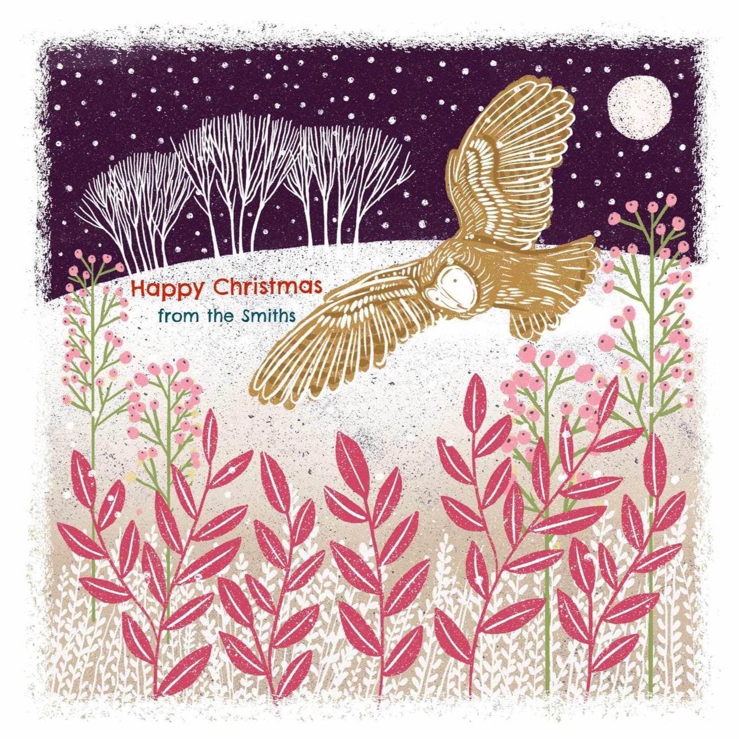 Snowy Owl - Screen Print Style Christmas Card, Linocut Card. Can be personalised.