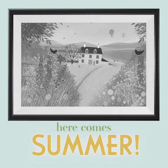 Pink House Art Print: Coastal Summer Home, Colorful Wildflowers