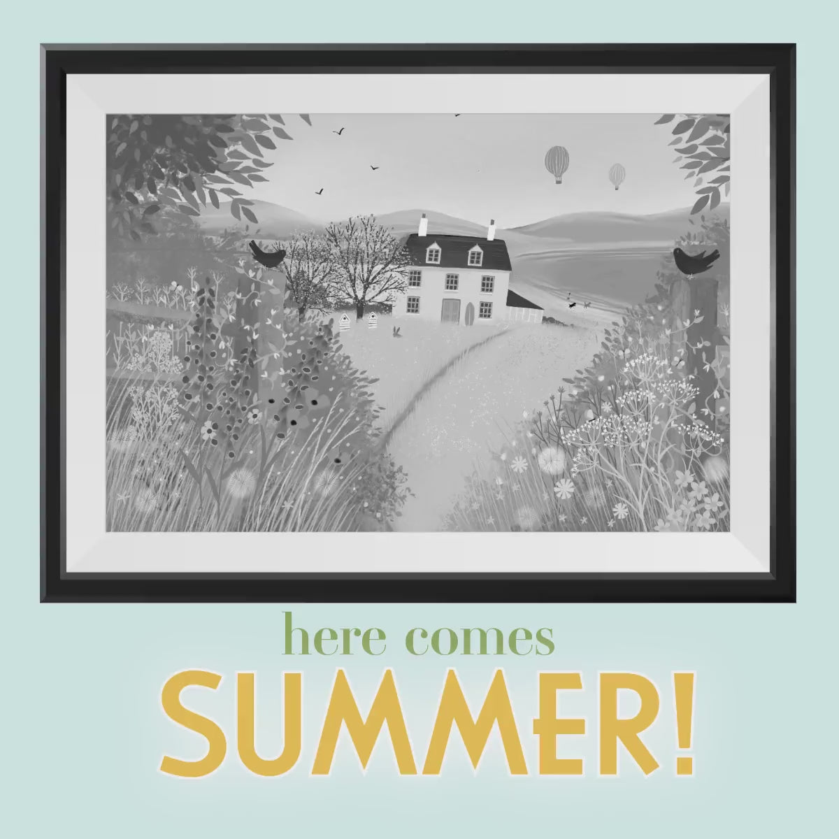 Pink House Art Print: Coastal Summer Home, Colorful Wildflowers
