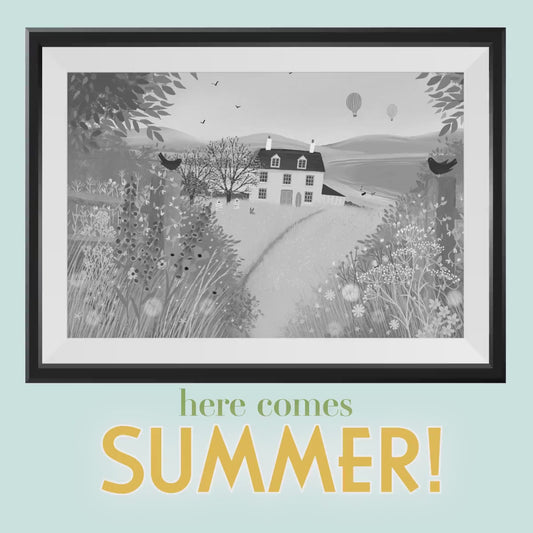 Pink House Art Print: Coastal Summer Home, Colorful Wildflowers