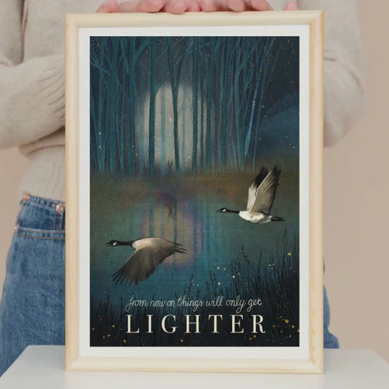 Winter Solstice Wall Art: Geese in flight through a winter woodland landscape, Original Artwork