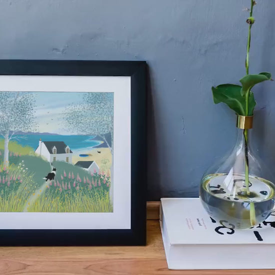 Come on Down! - Signed Giclee Print of a Cottage by the Sea. Art print, Home Decor, Office Art. Beach Cottage Garden with Border collies.