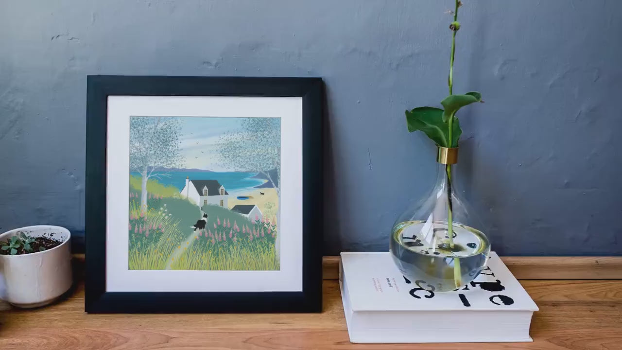 Come on Down! - Signed Giclee Print of a Cottage by the Sea. Art print, Home Decor, Office Art. Beach Cottage Garden with Border collies.