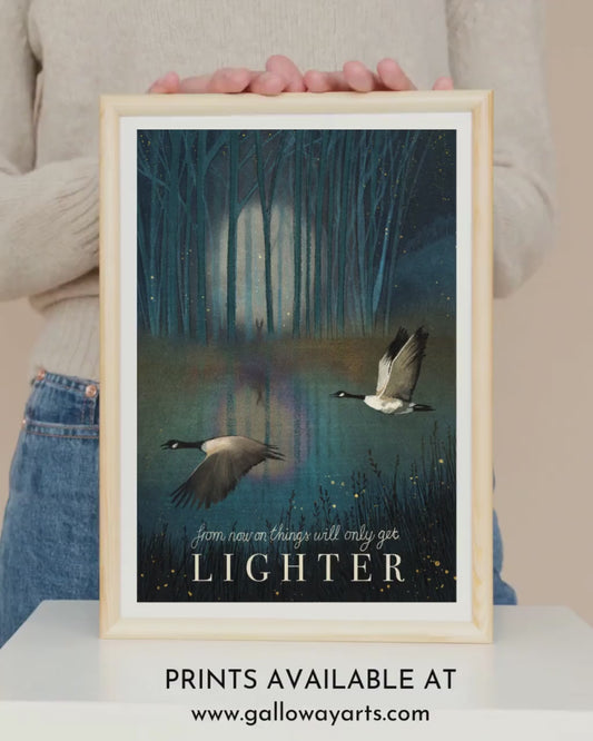Winter Solstice Wall Art: Geese in flight through a winter woodland landscape, Original Artwork